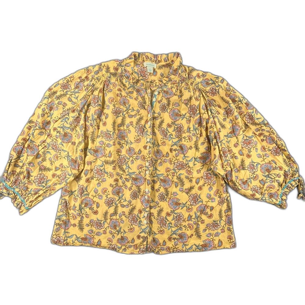 Sundance Floral Cotton Prairie Blouse L Yellow Ruffle Balloon Sleeve Peasant Top - Picture 8 of 9